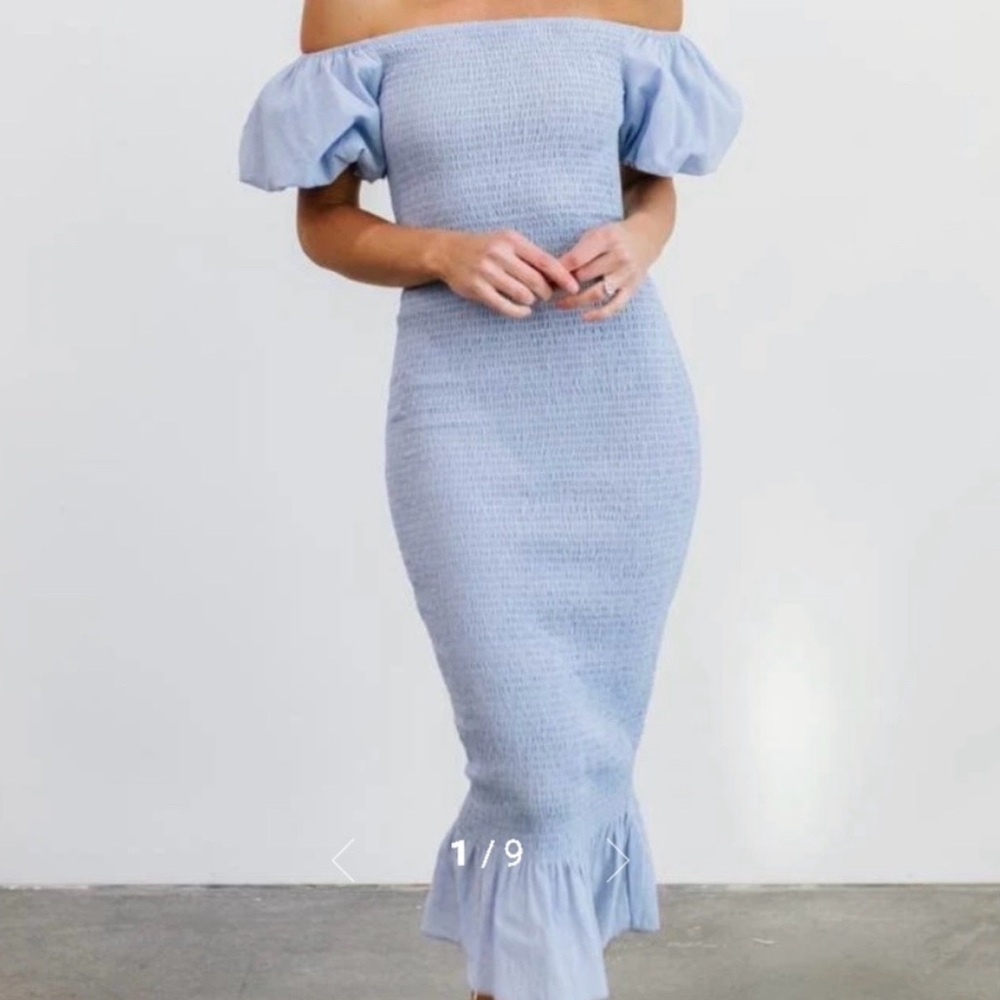 Baltic Born Strapless Smocked Midi Dress in Light Blue